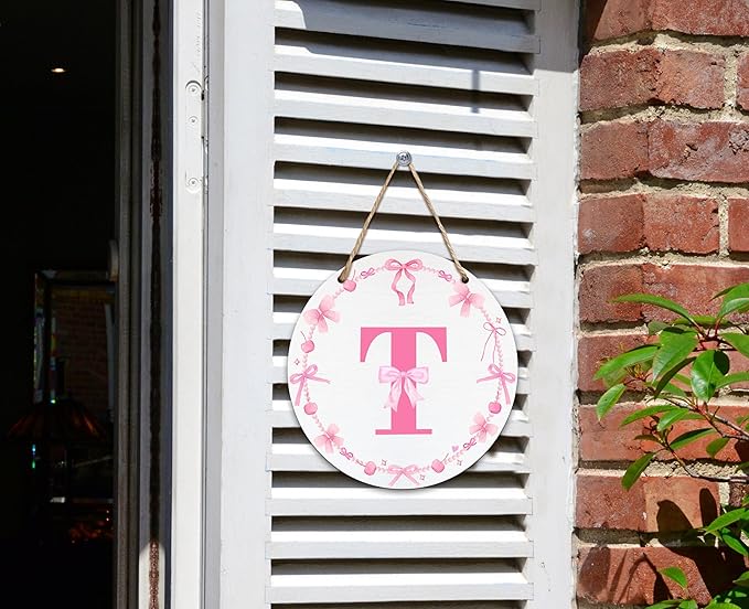Monogram Round Sign For Front Door, Cherry Bow Theme Sign For Porch Art Wall Door, Initial Signs Hanging Ornament For Indoor Outdoor, Decorations Gifts For Four Seasons Rustic Home Kitchen, T, A20