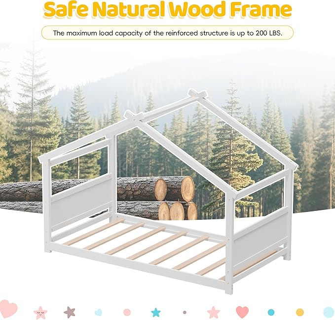 Twin House Bed, Montessori Floor Bed with Headboard & Footboard, Solid Wood Bed Frame for Toddlers Teens Bedroom, No Box Spring Needed, White