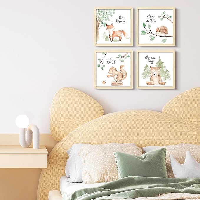ArtbyHannah Framed Woodland Nursery Wall Decor, 10x10 Inch Cute Baby Safari Wall Art, Green Kids Art Frame with Forest Animals Prints for Playroom Classroom Bathroom Baby Shower Decoration(4 Pack)