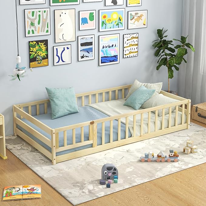 Giantex Twin Floor Bed with Fence for Kids, Wooden Montessori Bed Frame with Lockable Door & Guardrails, Low Floor Beds for Kids, Boys, Girls, No Box Spring Needed, Without Wood Slats, Natural