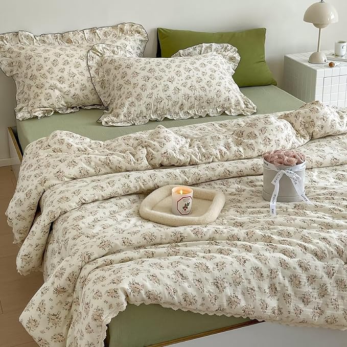 BuLuTu Shabby Chic Toddlers Kids Teens Quilt for Full/Queen Bed, Reversible Pink Floral Comforter with Lace Edges, Muslin Cotton Quilted Blanket 79"x90", Peony Pattern, No Pillowcase