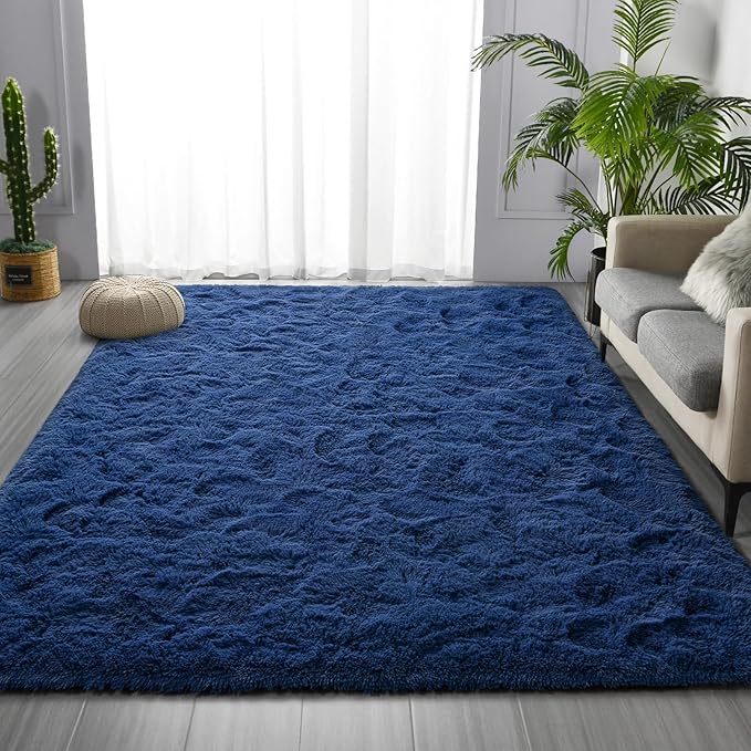 Large Shag Area Rugs 5 x 8, Plush Fuzzy Rugs for Living Room, Ultra Soft Fluffy Furry Rug for Bedroom, Indoor Carpet Nursery Rugs for Kids Room Home Decor, Navy Blue