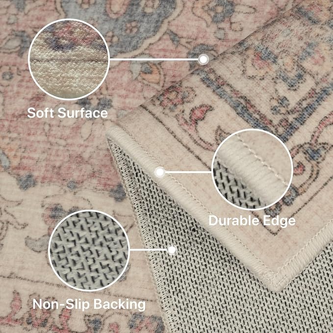 GENIMO Vintage Area Rug 8x10, Boho Living Room Rug with Non-Slip Backing, Machine Washable Low Pile Indoor Carpet for Bedroom, Dining Room, Nursery Room, Ivory Pink