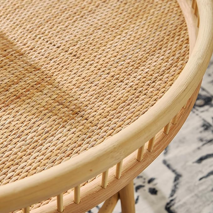 FINECASA Round Rattan Coffee Table, 32'' Wicker Boho Hand-Woven Top, Modern Unique Farmhouse Tray Top Center Table for Living Room Apartment Small Space, Natural Rattan