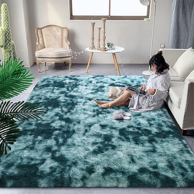 DweIke Fluffy Peacock Blue Rugs for Bedroom Living Room, 4x6 Feet Soft Plush Shaggy Tie-Dyed Teal Blue Girls Boys Kids Rug, Upgraded Non-Slip and Machine Washable Carpet for Dorm Nursery Decor