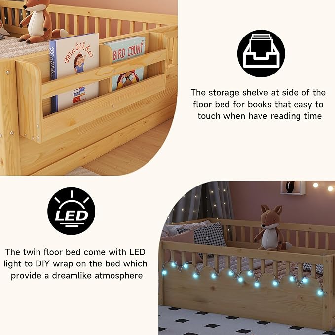 Full Toddler Floor Bed with High Rails, Wooden Montessori Bed Frame with Light and Storage Shelf, Full Size Bed Frame for Kids, Boys and Girls, Natural