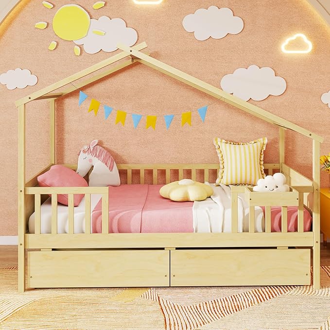 Giantex Twin House Bed with Drawers, Wooden Twin Bed Frame with Cube Storage & Fence Rails, Montessori Beds for Kids Boys, Girls, Bedroom, Living Room, No Box Spring Needed, Natural