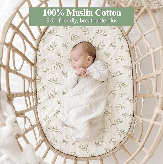 Baby Muslin Bassinet Sheets 3 Pack for Boys & Girls, Soft Breathable Cotton Bassinet Mattress Cover, Universal Fit for Hourglass, Oval, and Rectangle Mattress (Spring Meadow)