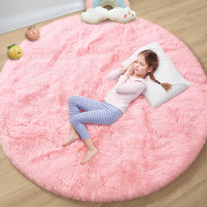 EVOIONOS Pink Round Rug for Bedroom, 5x5 Ft Fluffy Soft Circle Area Rugs for Living Room, Plush Shaggy Circular Carpet for Indoor Floor Bedside Girls Nursery, Machine-Washable Home Decor Aesthetic