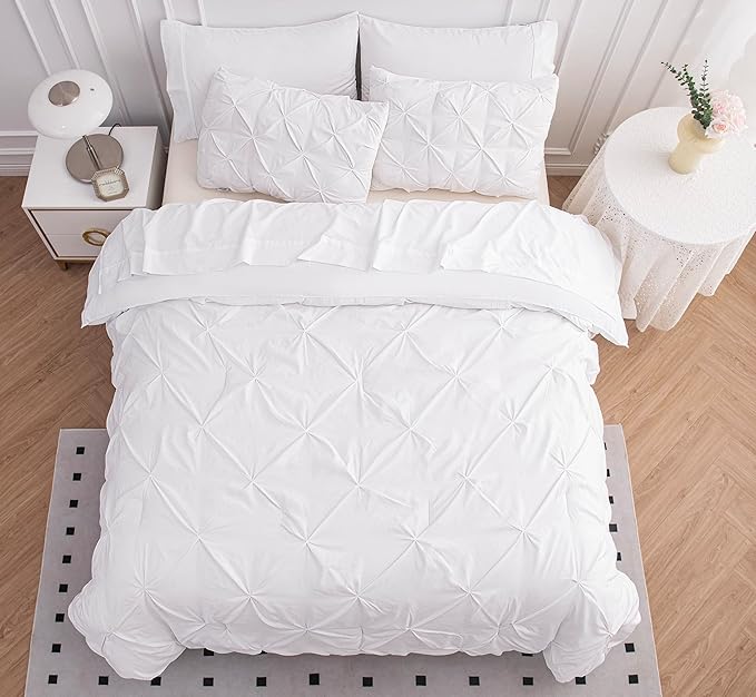 LANE LINEN Twin Comforter Set, 5 Piece Bedding Set, Pintuck Bed in a Bag, Bed Set with Sheets, Pillowcase & Sham, Bedding Comforter Sets - White