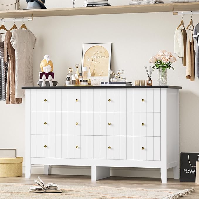 FOTOSOK White Dresser, Chest of Drawers, Modern 6 Drawer Double Dressers with Deep Drawers, Nursery Dresser for Baby, Wide Storage Organizer Cabinet for Living Room, Hallway, White&Black