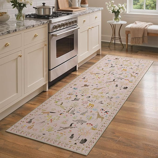 Runner Rug Non Slip 2'6''x 6', Floral Animal Print Rug Machine Washable Rug, Non Slip Low Pile Hallway Runner Girl Carpet for Kitchen, Laundry, Bedroom, Bathroom, Nursery, Pink