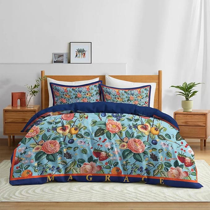MAGRACE King Duvet Cover Ultra Soft Luxury 100% Cotton Cute Floral Comforter Cover Set, Breathable and Durable, Textured Duvet Cover with Pillow Shams