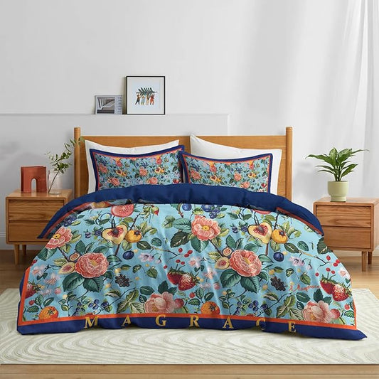 MAGRACE King Duvet Cover Ultra Soft Luxury 100% Cotton Cute Floral Comforter Cover Set, Breathable and Durable, Textured Duvet Cover with Pillow Shams