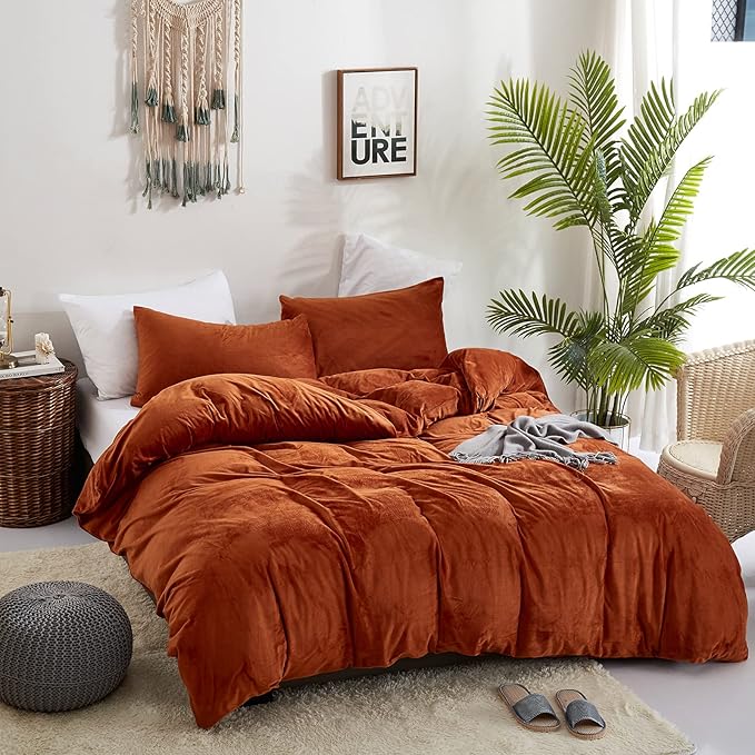 Houseri Twin Burnt Orange Velvet Duvet Cover Set - Modern, Breathable, 3-Piece Set (Duvet Cover, 2 Pillowcases) - Twin Size