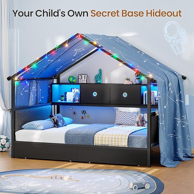 Hasuit Corner Twin House Bed Frame with Storage Drawers & Bookcase, House Shaped Metal Beds with Charging Station & LED Light, Corner Bed with Upholstered Headboard, Twin Size Bed for Kid Teens, Black