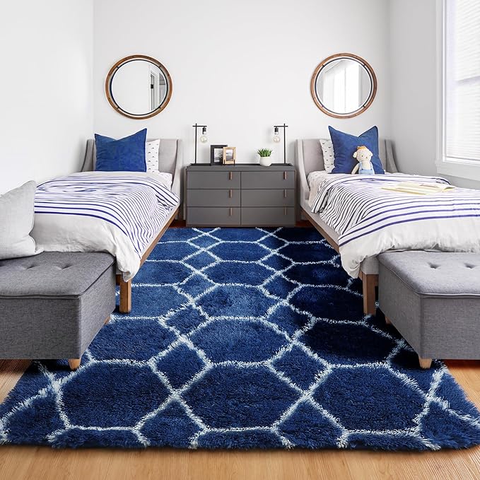 ONASAR Large 8x10 Area Rugs for Living Room, Fluffy Geometric Navy and White Rug for Boys Bedroom Home Decor Aesthetic, Soft Shaggy Plush Floor Carpet for Girls Teen Nursery Playroom Office Dorm