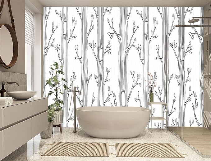 XMPMBM-Hand-Painted Cartoon Grey Tree Fabric Wallpaper Nursery Room Kids Bedroom Wall Mural-W 154" X H 105"（112 Square Foot）