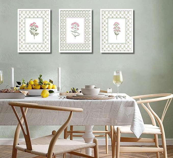 3PCS Green Plaid Pink Floral Wall Art Wildflower Baby Room Painting Picture Wall Decor Botanical Flower Boho Poster Print Artwork for Bedroom living room baby room children's room dining room Home Decoration