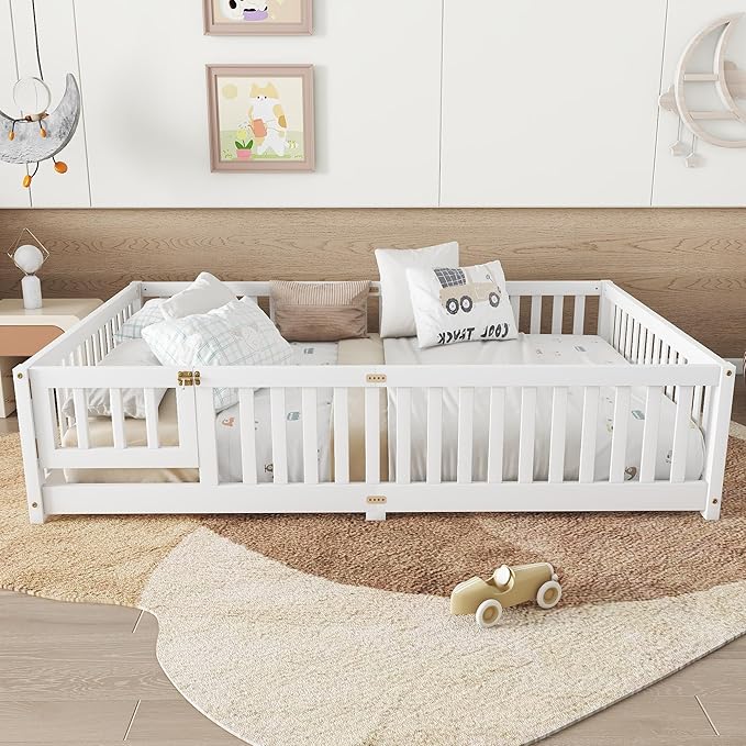 Bellemave Queen Size Floor Bed Frame with Slats and Safety Guardrail, Wood Queen Size Montessori Floor Bed with Door and Fence, Easy Assemble Montessori Beds for Kids, Girls, Boys, White