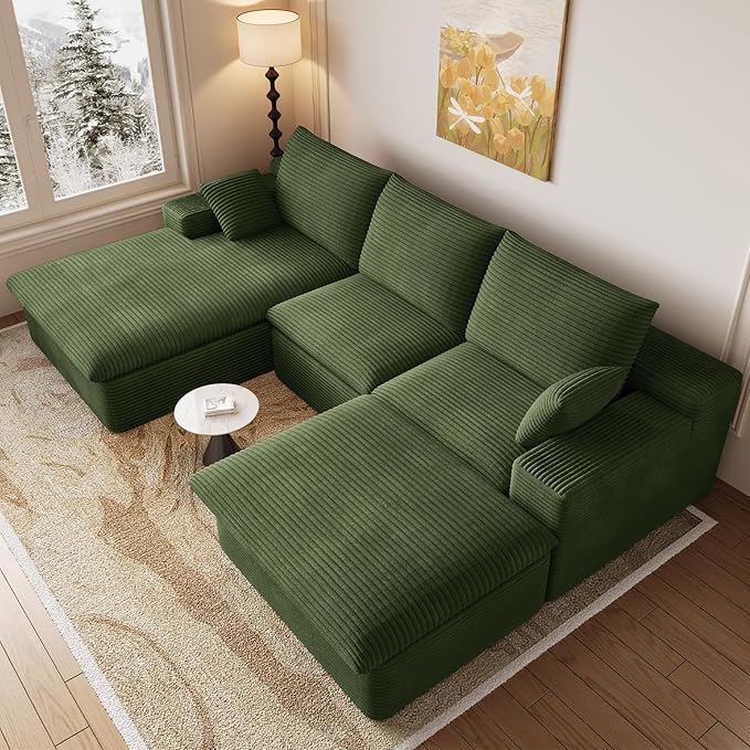 107" Cloud Modular Sectional Sofa with 1 Ottoman, Modern Upholstered Corduroy Couches, Comfort U Shaped Sofa for Living Room, Deep Seat Boneless Couch, No Assembly Required(Green,Left Facing Chaise)