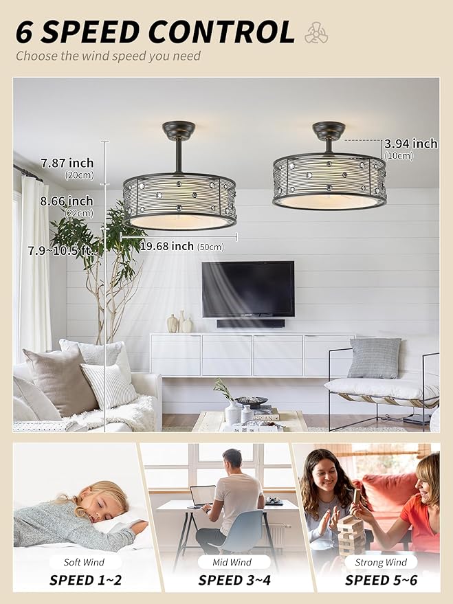 20" Black Fandelier Ceiling Fan with Light, Chandelier Ceiling Fans with Lights Remote Control, Caged with 6 Speeds for Bedroom, Living Room, Nursery
