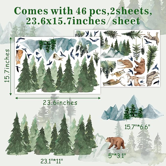 Mountain Tree Wall Decals Watercolor Pine Tree Wall Decals Large Woodland Wall Stickers Forest Flying Birds Deer Fox Bear Animal Wall Stickers for Nursery Kids Room Bedroom Decor