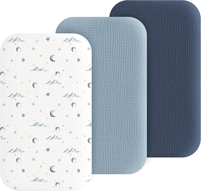 Muslin Bedside Sleeper Bassinet Fitted Sheets, 3 Pack Cotton Baby Sheet for Boys & Girls, Soft, Compatible with Baby Delight, Dream On Me, AMKE and Other Rectangle Mattress (Nightfall Blue)