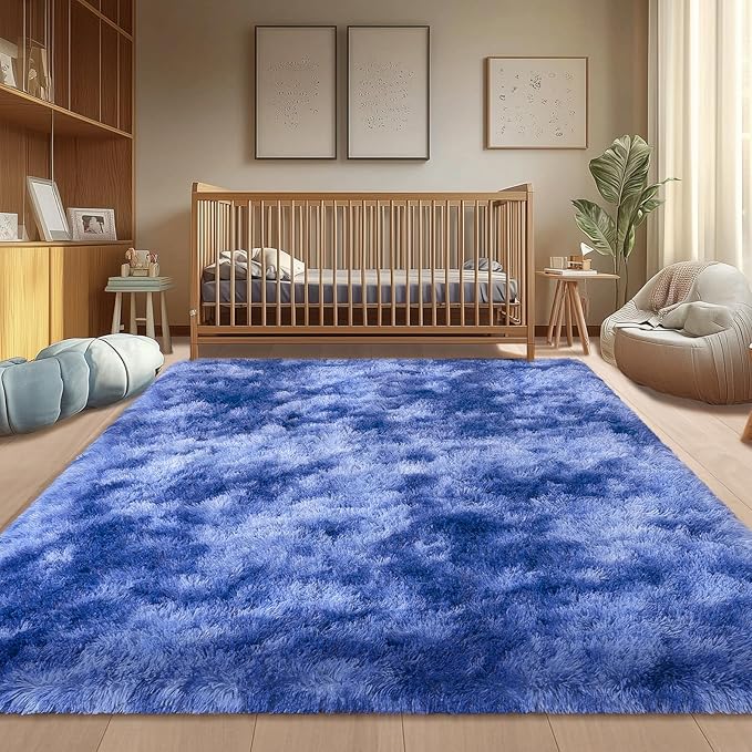 Living Room Rug 9x12, Soft Extra Large Tie Dye Blue Fluffy Shag Rug for Boys Bedroom, Non-Slip Modern Indoor Fuzzy Big Plush Rugs for Kids Room, Dorm, Home Decor