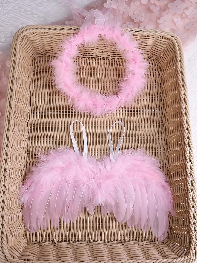 Holibeat 0-6M Newborn Baby Angel Wings with Feathers Newborn Photography Posing Props with a Headband (pink1)