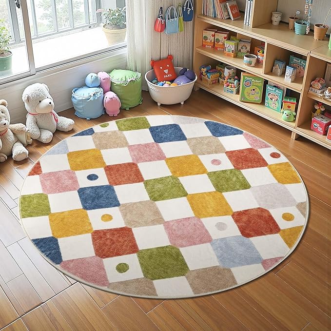 jinchan Macy Round Rug 4ft Kids Washable Rug Indoor Floor Cover Non-Slip Soft Modern Elementary School Classroom Colorful Diamond Carpet for Nursery Daycare Playroom Living Room Circus on Cream