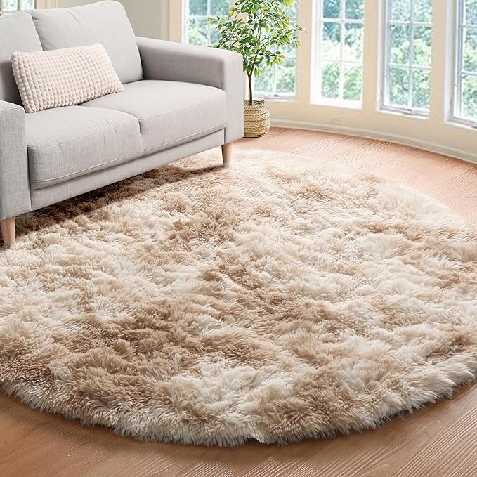 ONASAR Tie-Dye Beige Round Area Rug 4ft, Soft Bedroom Circle Rugs Floor Mats for Kids Girls Teen Room, Kawaii Fluffy Plush Shaggy Carpet for Baby Nursery Living Room Playroom Home Decor