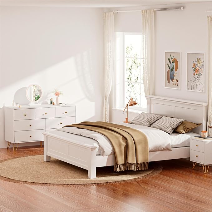 White Dresser for Bedroom, Modern 7 Drawer Dresser with Gold Handles and Metal Legs, White and Gold Dressers & Chest of Drawers for Hallway, Entryway