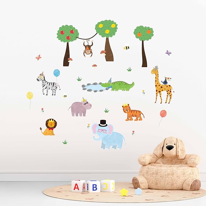Safari Jungle Animal Wall Decals, 56-Piece Vinyl Stickers with Giraffe, Lion, Elephant, Tiger, Monkey, Trees & Accessories – Waterproof, Removable, Reusable for Living Room, Bathroom, Party Decor