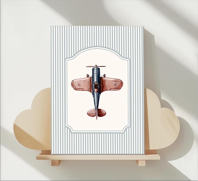 Vintage Baby Boy Nursery Wall Art Retro Airplane Travel Kids Room Canvas Wall Decor Teddy Bear Pictures Navy Blue Aviation Posters Cloudy Sky Painting Print Artwork for Boy Room Playroom, Framed
