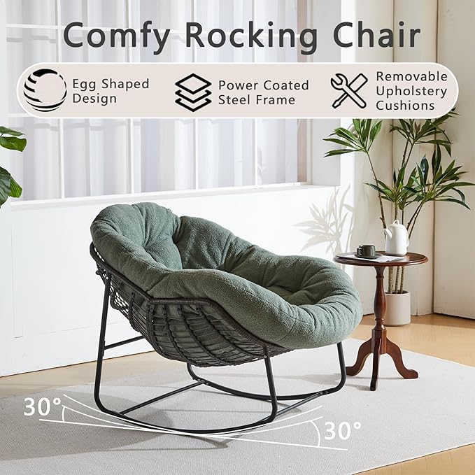 Oversized Outdoor Papasan Rocking Chair Set of 2 with Soft Cushion, Comfy Patio Egg Chair, Wicker Lounge Rocker for Balcony/Porch/Garden, Reinforced All Weather Rattan Frame, Hunter Green