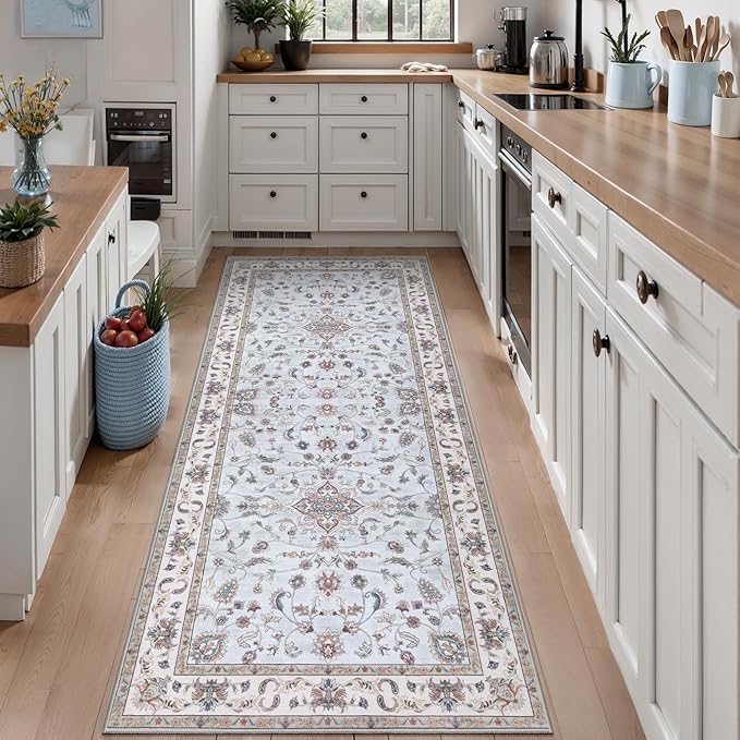 Tangsoo 5x7 Washable Area Rug, Non Slip Boho Persian Rug for Living Room Bedroom, Vintage Light Blue Floral Indoor Carpet, Soft Low Pile Mats for Bathroom Office Laundry Kid & Pets Friendly Home Decor