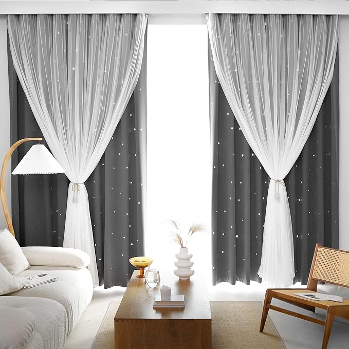 Kinryb Kids Blackout Curtains for Bedroom/Living Room/Classroom, Sheer Overlay 72 Inches 2 Panel Set, Double Layer Curtains with Star Cutout for Kids Room(W 52 x L 72 Inches,Grey 2 Pcs)