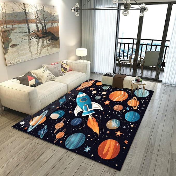 6' x 9' Space Rocket Rug for Kids Bedroom Cartoon Planet Stars Rugs Galaxy Carpet Printed Throw Rugs for Boys Children Living Room,180x275cm