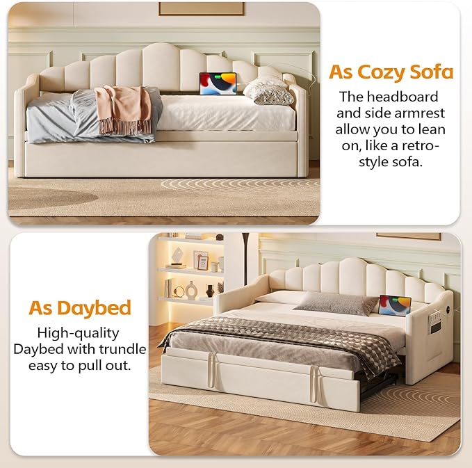 SOFTSEA Twin Daybed with Pop Up Trundle, Extendable Corner Day Bed with USB Ports, Velvet Tufted Sofa Bed Frame with Curved Backrest for Bedroom, Living Room, Beige