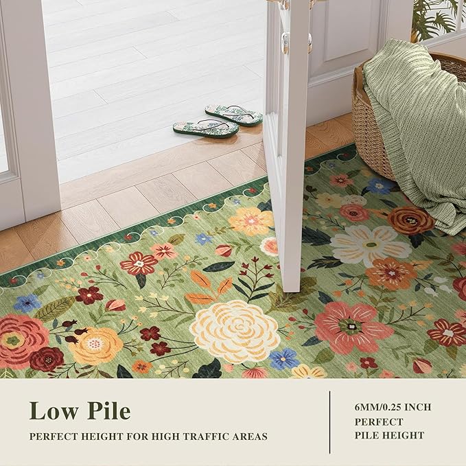 8x10 Washable Area Rug for Living Room, Floral Non-Slip Non-Shedding & Easy Care, Large Soft Low Pile Indoor Floor Carpet for Living Room, Bedroom, Farmhouse, Dining Room, Kids Playroom, Green