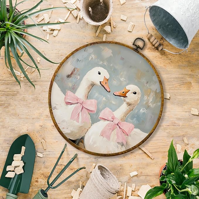 Hiuwevt Coquette Pink Bow Goose Round Wall Art Decor, Preppy Trendy Aesthetic Framed Canvas Prints, Girly Ribbon Couple Goose Round Wall Hanging Decor for Bedroom Home Decorations, 10x10 Inches