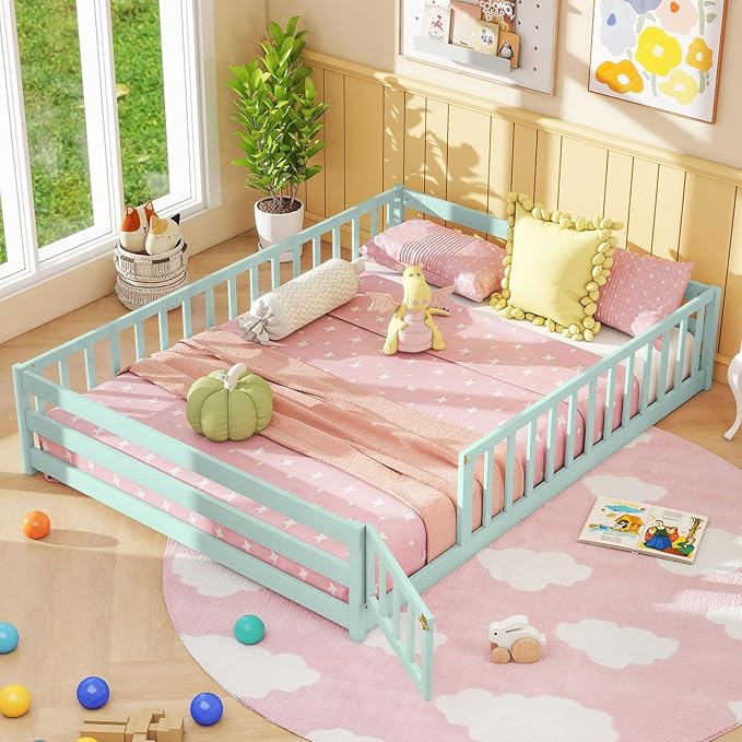 Giantex Full Floor Bed with Door & Fence, Kids Wood Montessori Beds with Safety Guardrails, Floor Bed Twin for Kids, Boys, Girls, No Box Spring Needed, Mint Sky