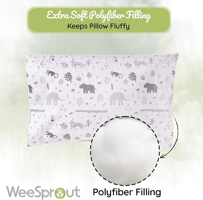WeeSprout Mini Toddler Pillow for Kids Sleeping - Organic Cotton Shell & Pillowcase with Soft & Supportive Polyfiber Filling – Good for Travel, Machine Washable, 18 x 13 x 3, Safari