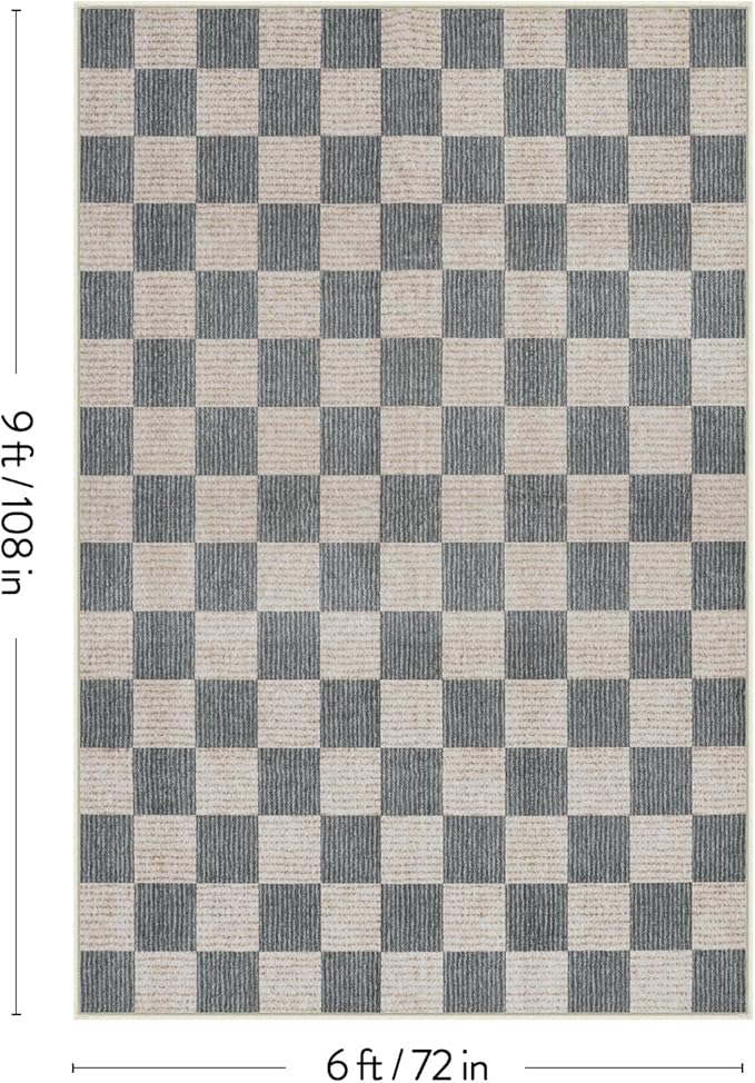 LIVEBOX Machine Washable Area Rug 6x9 Checkered, Non Slip Soft Large Bedroom Living Room Rug Farmhouse Neutral Classic Geometric Pattern Boys Rug, Indoor Carpet for Den Dorm Playroom(Grey,6'x9')
