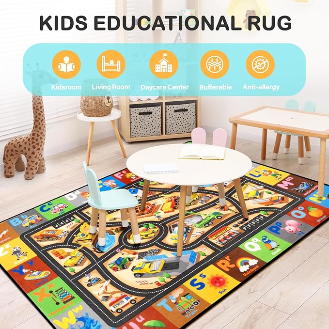 Construction Site Play Rug 5x7FT Car Rug for Kids Toy Cars Non-Slip Car Carpet Baby Play Mat for Floor Washable ABC Alphabet Playroom Nursery Preschool Daycare Classroom Carpet