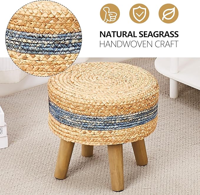 Cpintltr Round Ottoman Natural Seagrass Footstool Hand Weave Water Hyacinth Poufs Eco Friendly Sofa Foot Stool Soft Step Stool Padded Foot Rest with Pine Legs for Living Room (Blue)