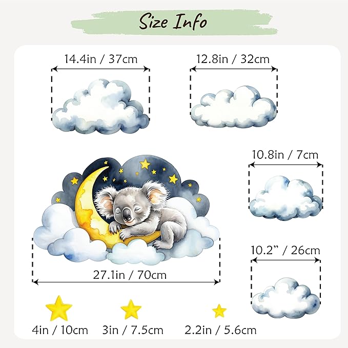 Boho Nursery Wall Decals - Dreamy Watercolor Koala Sleeping on Cloud | Multi-Piece Set with Clouds, Moon & Stars | Removable Fabric Wall Art for Kids Room