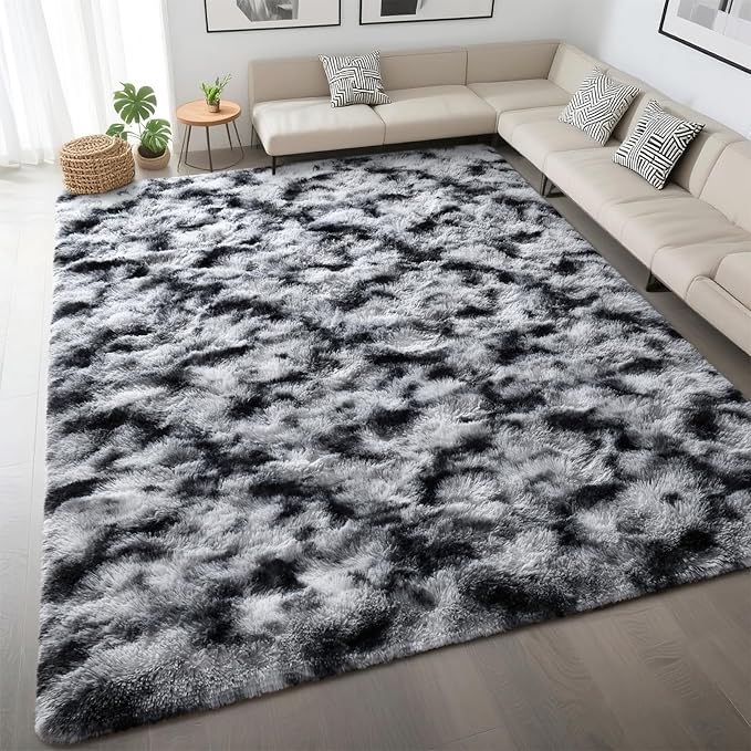 DweIke Fluffy Tie-Dyed Black White Rugs for Bedroom Living Room, 5x8 Large Soft Plush Shaggy Dark Girls Boys Kids Rug, Upgraded Non-Slip and Machine Washable Carpet for Dorm Nursery Classroom Decor