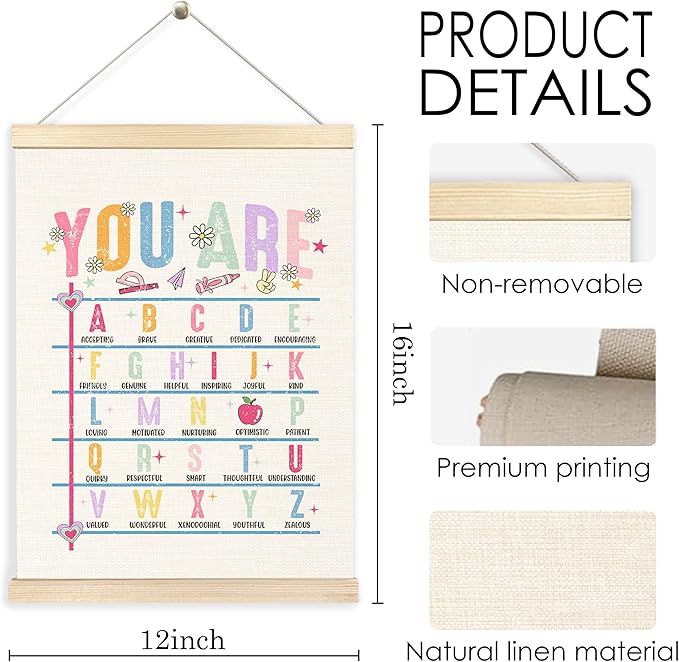 BESERH Christian Alphabet Nursery Wall Decor, You Are Alphabet Bible Verse Poster Hanger Frame, ABC Letters Educational Posters Wall Art Decor for Classroom Kids Room Nursery Playroom, 12x16 Inches